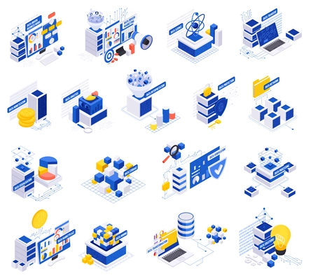 Data economy set with isolated icons and isometric conceptual images of computer infrastructure elements and money vector illustration