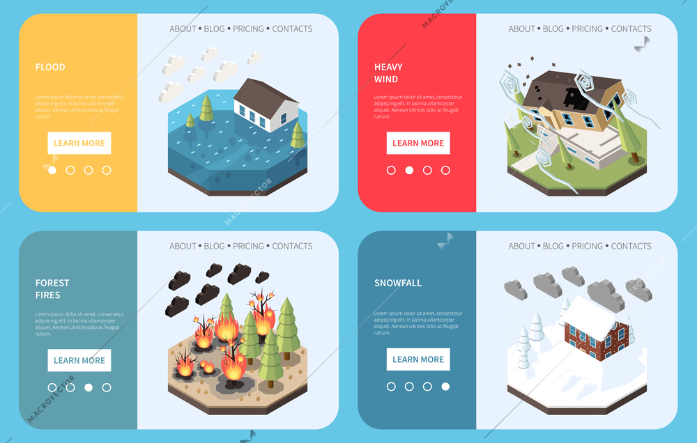 Natural disaster isometric banner set with flood and snowfall cataclysms isolated vector illustration