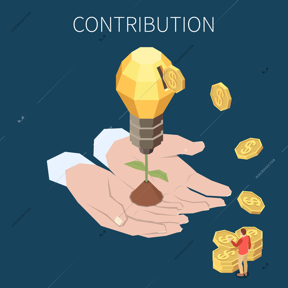 Crowdfunding isometric concept with fundraising and money contribution symbols vector illustration