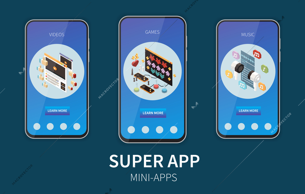 Superapp isometric set with mobile phone and application icons vector illustration