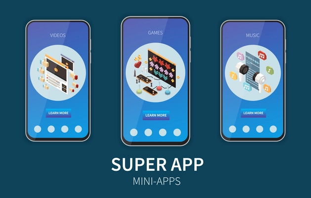 Superapp isometric set with mobile phone and application icons vector illustration