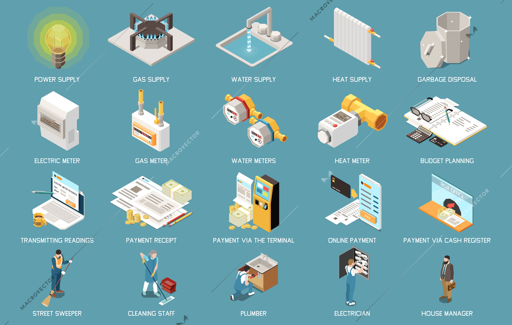 Utility expences isometric icons set with bills and payments isolated vector illustration