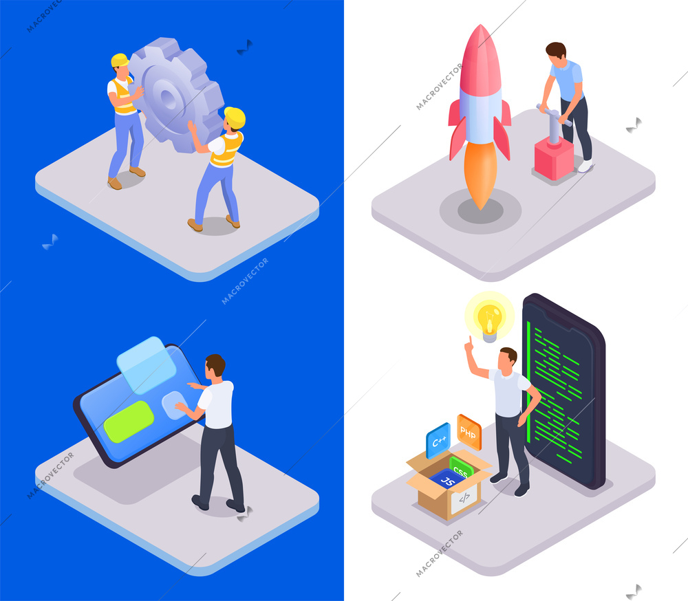 Set with four square compositions with mobile app development isometric icons of smartphone gear and people vector illustration