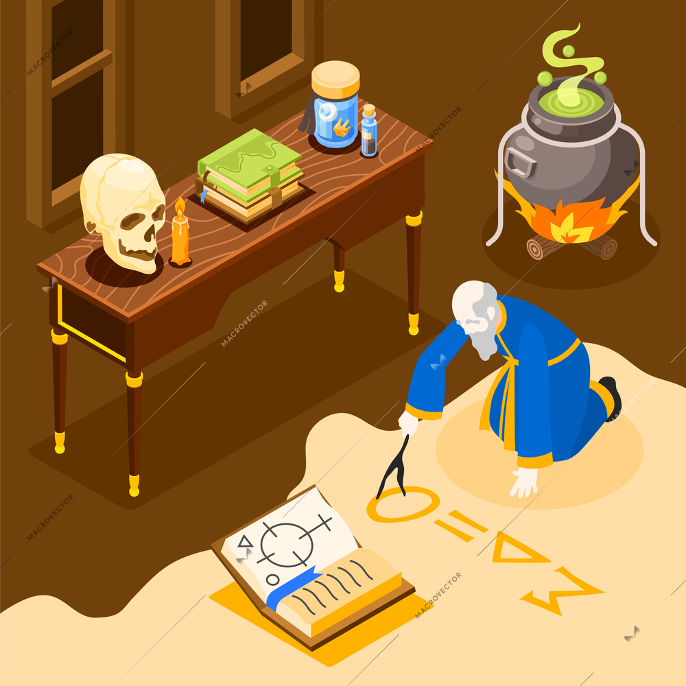 Alchemy isometric background with old alchemist drawing formula on floor in laboratory with boiling potion in cauldron and magical objects vector illustration