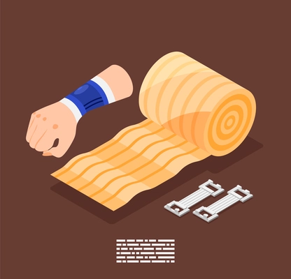 Isometric bandage application composition with bandaged wrist and medical tools on brown background vector illustration