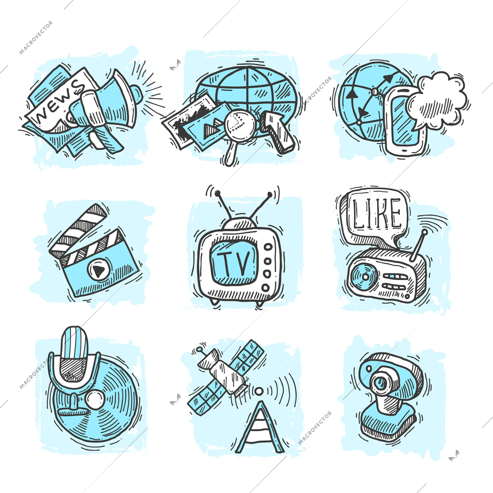 Media design sketch decorative icons social network and broadcasting concepts set isolated vector illustration