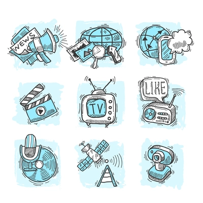 Media design sketch decorative icons social network and broadcasting concepts set isolated vector illustration