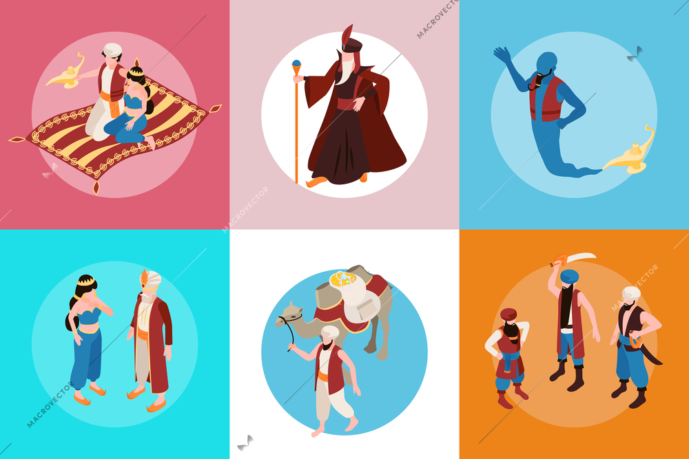 Oriental tales isometric concept set of six square compositions illustrating bedouin with camel and fairytale heroes flying on magic carpet vector illustration