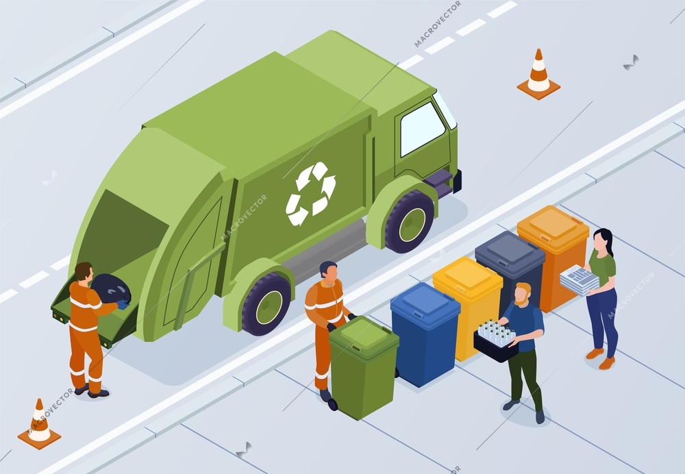 Isometric recycling composition with outdoor view of street with colorful waste bins and dump truck crew vector illustration