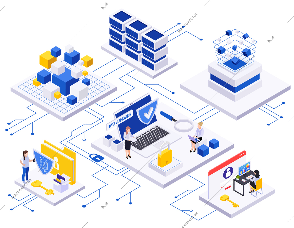 Data economy isometric composition with flowchart of connected platforms with human characters computer folders and blocks vector illustration