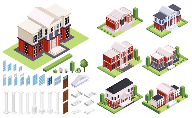 Classic architecture isometric set of isolated houses with neighborhoods and constructor elements columns doors and windows vector illustration