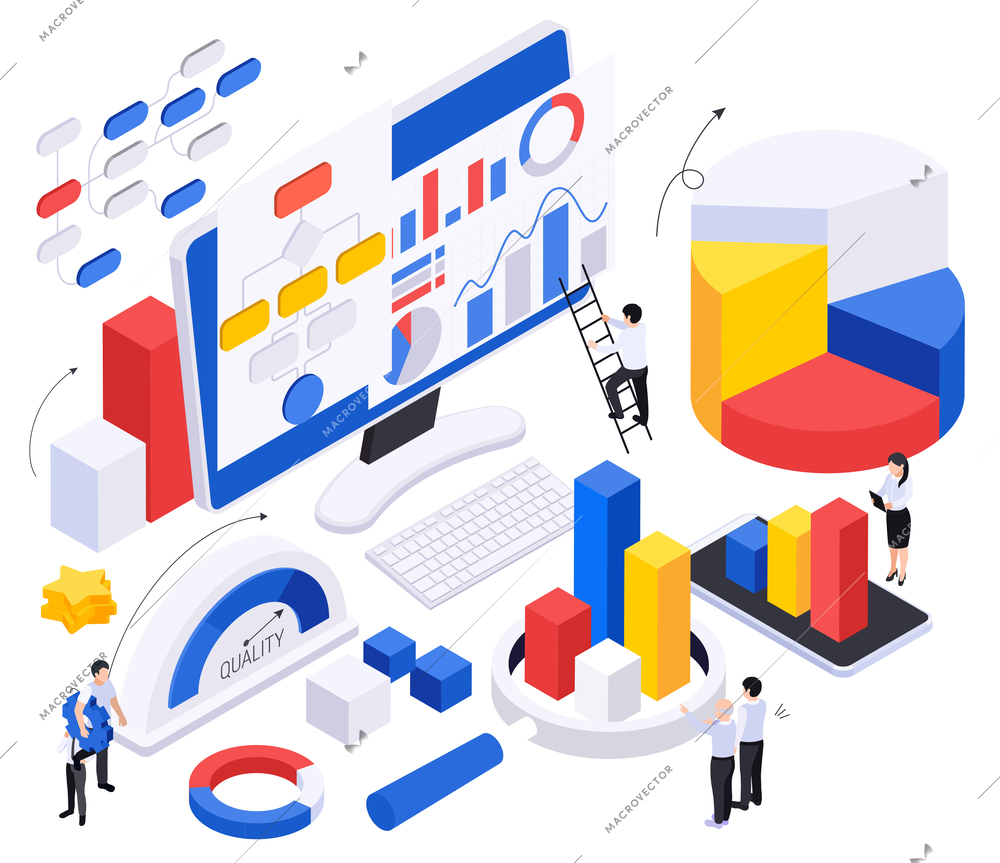 Business growth strategy isometric composition with bar chart and circular graph elements computer screen and workers vector illustration