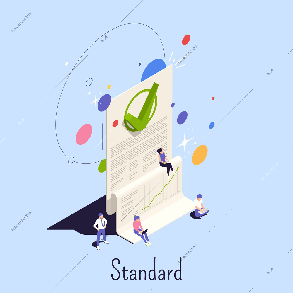 Product quality control isometric background with approval certificate indicating compliance with standard vector illustration