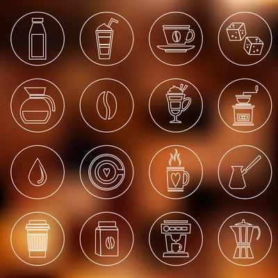 Coffee hot drink outline icons set with turk grinder machine isolated vector illustration