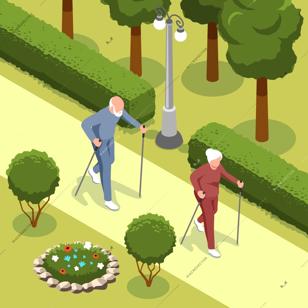 Isometric old people activity composition couple of elderly people do Nordic walking in park vector illustration