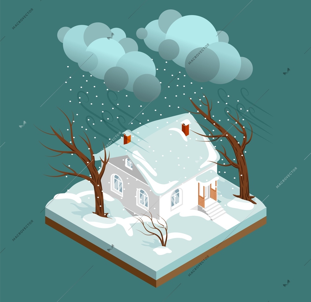 Isolated isometric storm weather large house and the adjacent territory is covered with heavy snow vector illustration