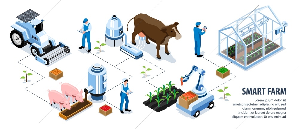 Isometric colored smart farm infographic humans and robots live and work together vector illustration