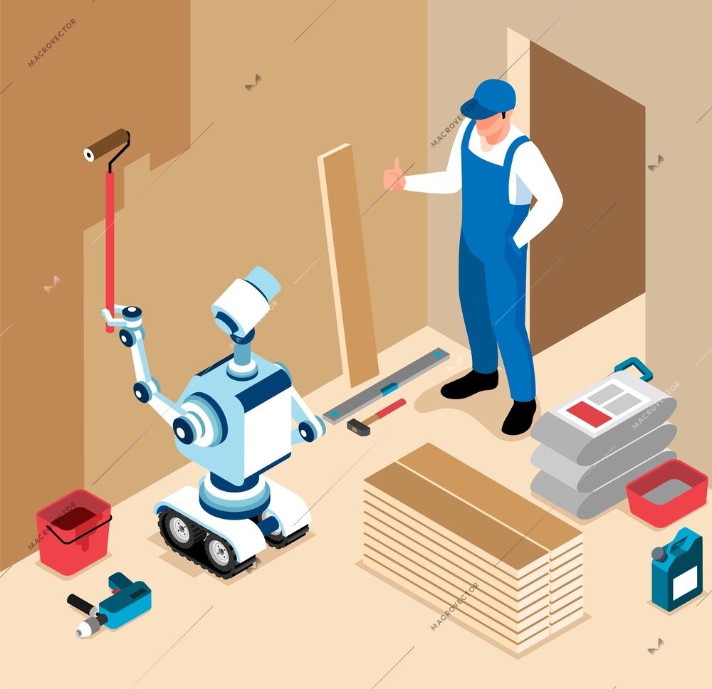 Isometric robot assistant colored concept man is satisfied with the work of robot at construction site robot paints walls with paint vector illustration