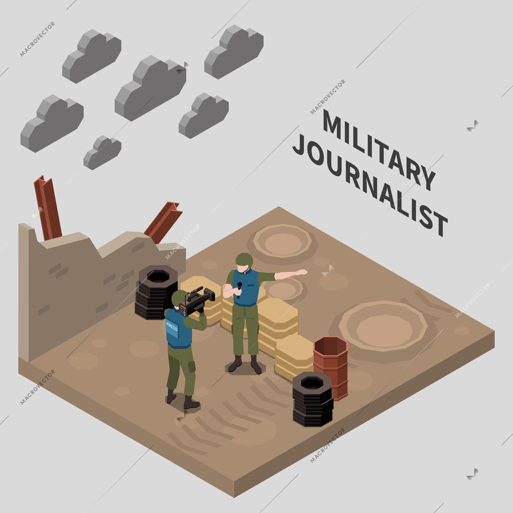 News media isometric concept with military journalist in war zone vector illustration