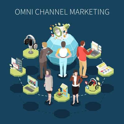 Omni channel marketing isometric concept with people using different types of product promotion vector illustration