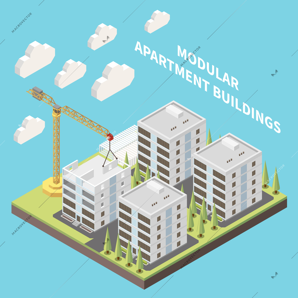 Modular apartment buildings with construction site with concrete block house vector illustration