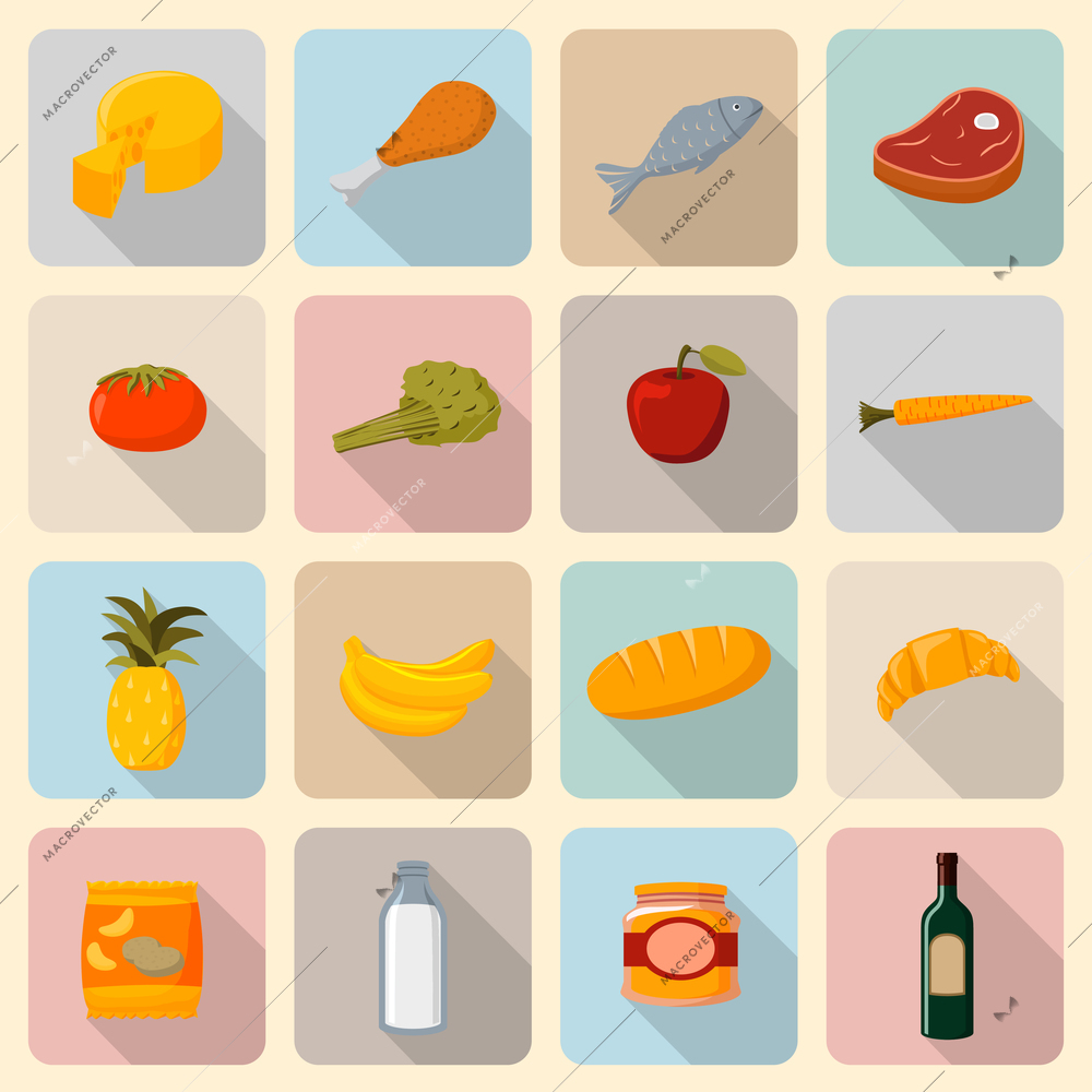 Supermarket foods icons set of fresh and natural vegetables fruits meat and fish isolated vector illustration