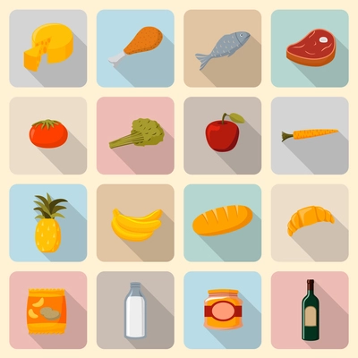 Supermarket foods icons set of fresh and natural vegetables fruits meat and fish isolated vector illustration