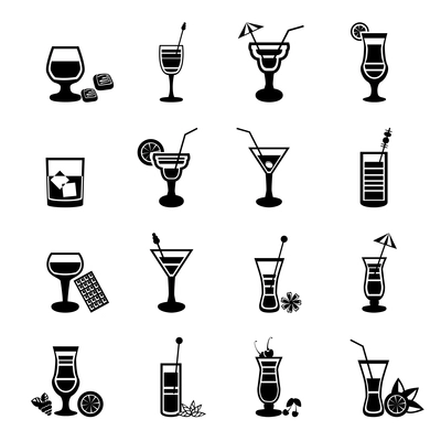 Large black and white drink alcohol glass party cocktail icons set isolated vector illustration