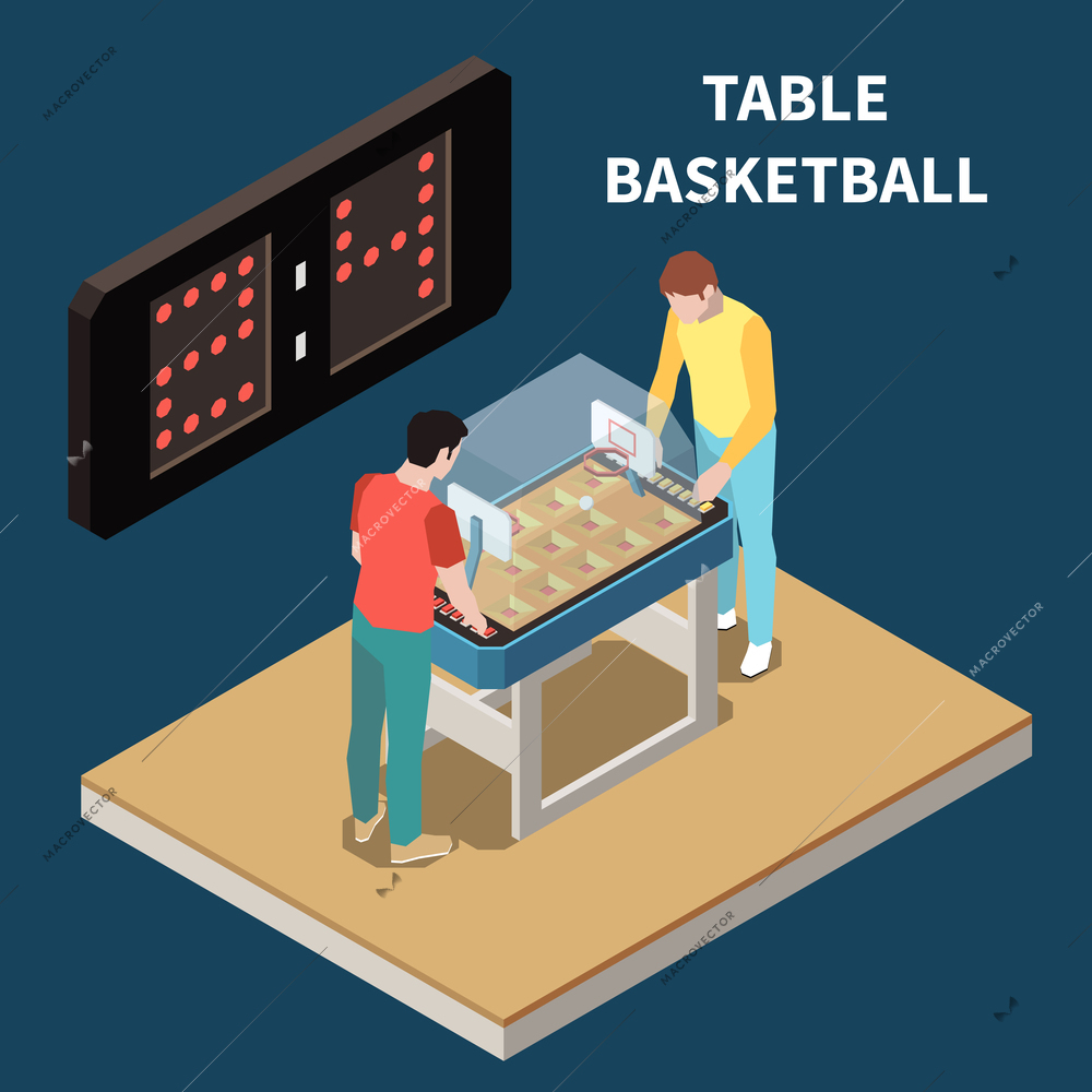 Indoor and table games isometric set with people playing table basketball  vector illustration
