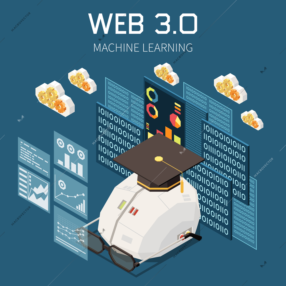 Web 3.0 technologies isometric concept with machine learning symbols vector illustration