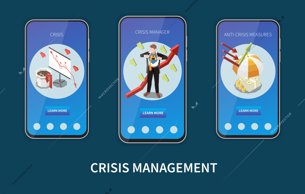 Crisis management isometric set with business and financial mobile app templates isolated vector illustration