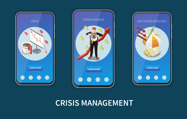 Crisis management isometric set with business and financial mobile app templates isolated vector illustration