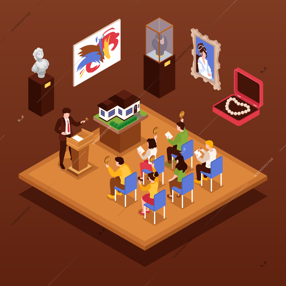 Auction concept with competition and art symbols isometric vector illustration