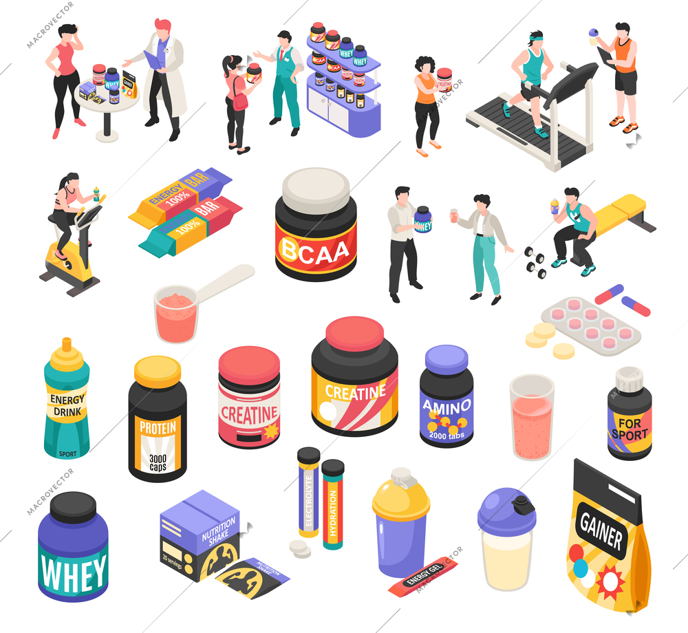 Sport nutrition icons set with people isometric isolated vector illustration