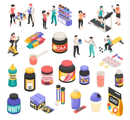 Sport nutrition icons set with people isometric isolated vector illustration
