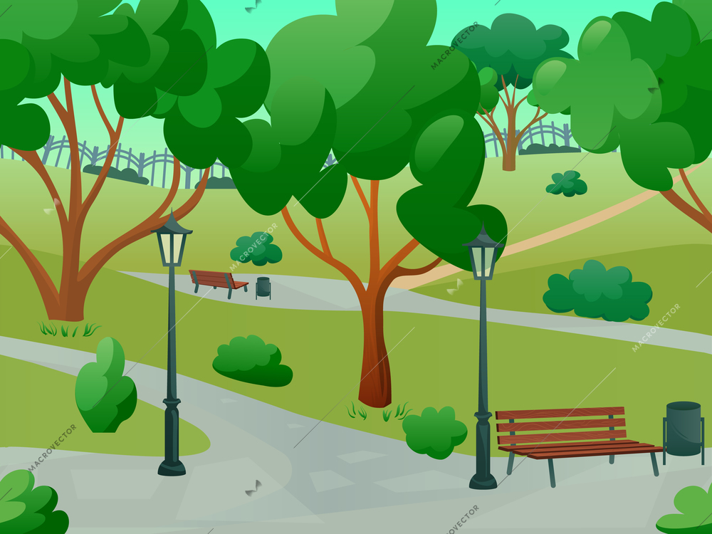 Summer park alley 2d game landscape flat background vector illustration