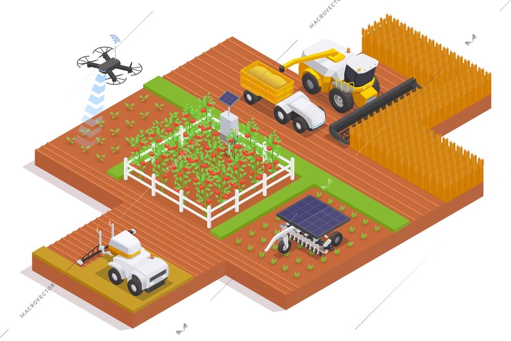 Modern agricultural machinery isometric composition with remote controlled automatic powered by solar panels machines working on field vector illustration
