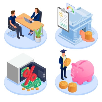 Bank credit student loan mortgage isometric design concept set with money and people isolated 3d vector illustration