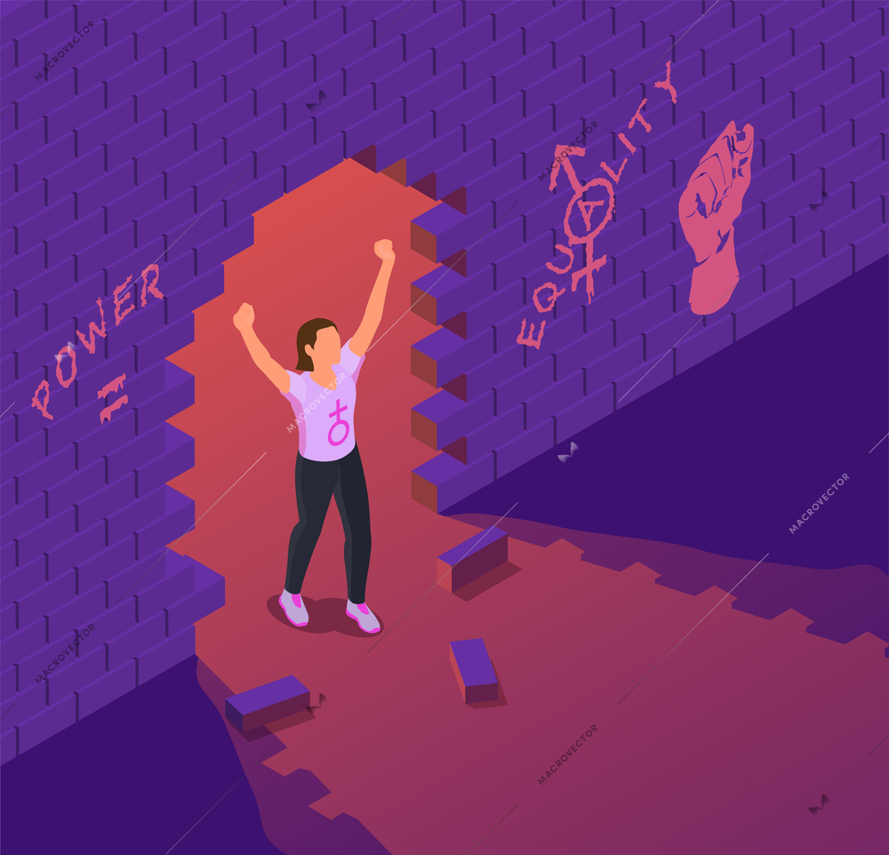 Gender equality female power isometric concept with strong confident woman breaking brick wall 3d vector illustration