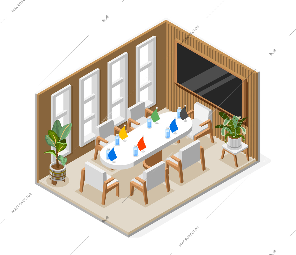 Isometric isolated diplomacy and diplomat composition long white conference table in a large office vector illustration