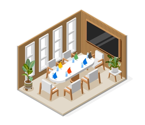 Isometric isolated diplomacy and diplomat composition long white conference table in a large office vector illustration