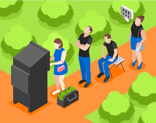 Queue isometric colored concept girl is holding up the queue to the ATM and annoying the other people with it vector illustration