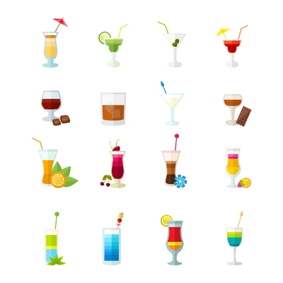 Multicolored large icons set for cocktails party and alcoholic drinks isolated vector illustration