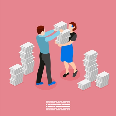 Bad boss isometric and colored concept supervisor is overburdening his employee with too much work vector illustration