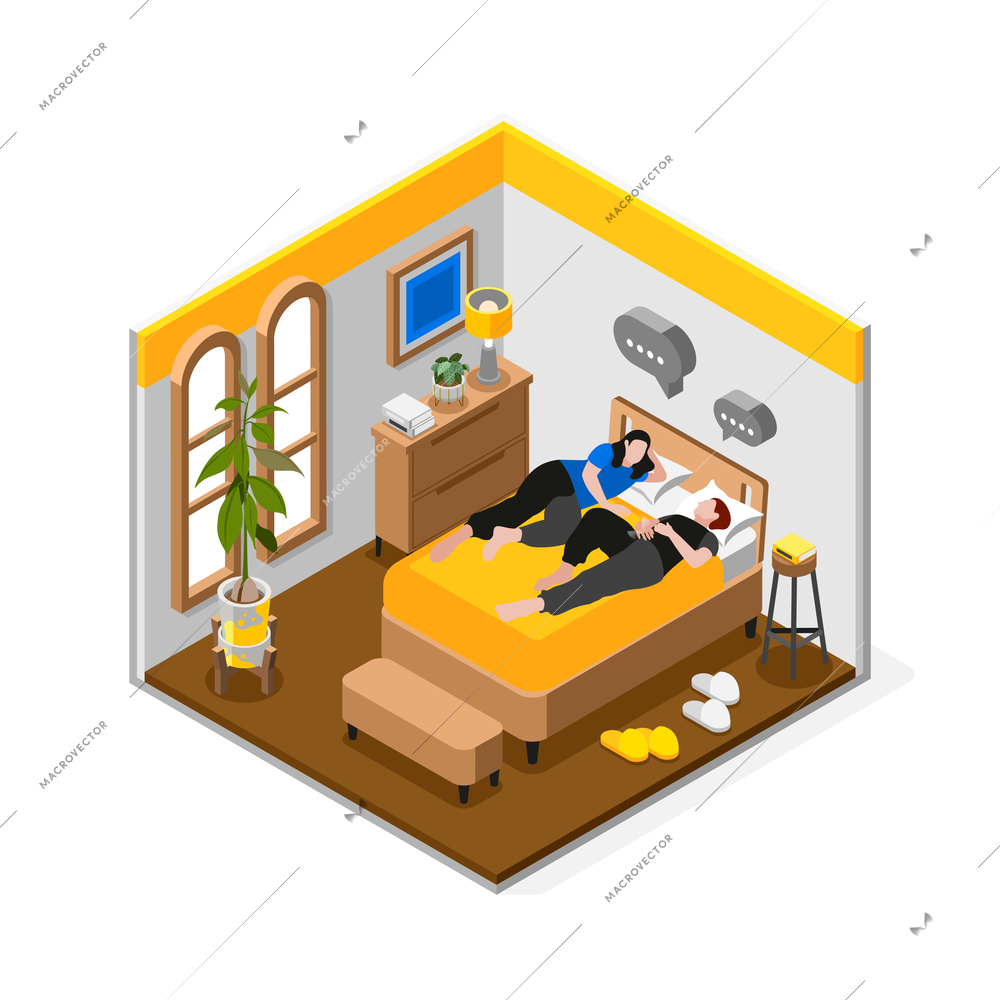 Isolated colored isometric female friends composition two friends chatting with each other while lying in bed vector illustration