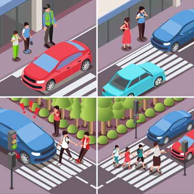 Children road safety rules 2x2 set of square compositions with isometric views of passing urban crosswalks vector illustration