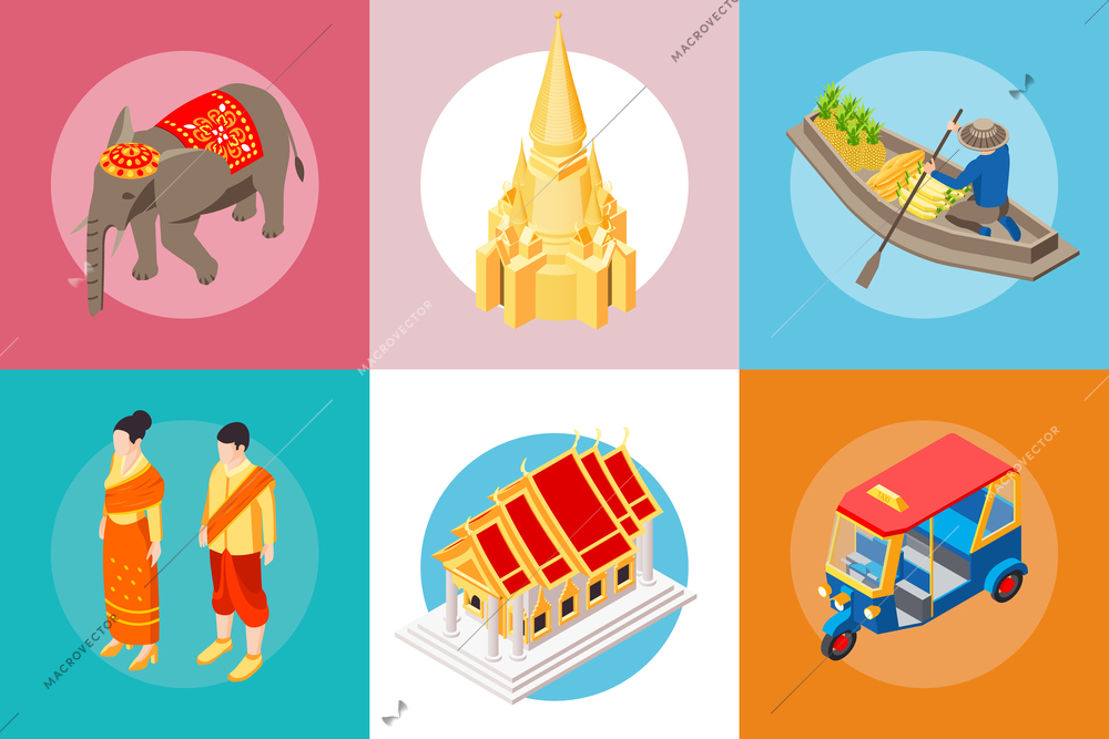 Thai travel set with isolated round compositions of isometric traditional people animals vehicles temple and elephant vector illustration