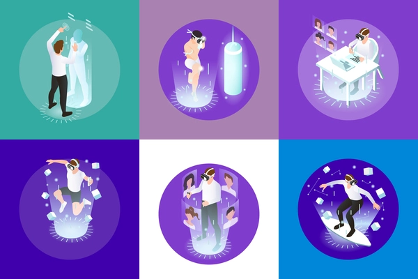 Metaverse isometric set of isolated circle compositions with people in cyber space surfing jumping punching bag vector illustration