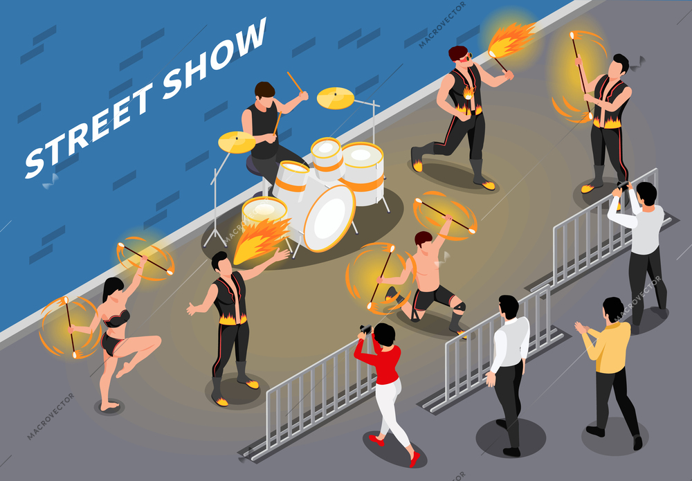 Fire show isometric composition with backstreet view and group of fire dancers with drummer and audience vector illustration