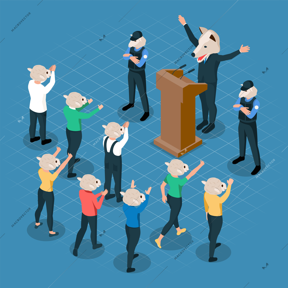 Propaganda crowd isometric composition with human character of politician wearing wolfs and auditorium wearing lambs masks vector illustration